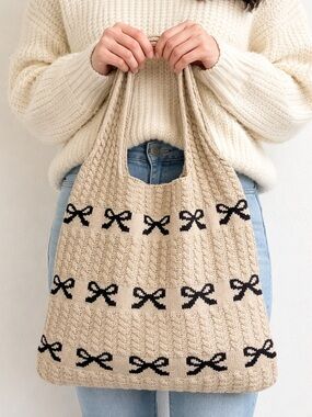NEW Zenana Tan Knit Bow Tote Bag Cottagecore Coquette Shoulder Bag Neutral